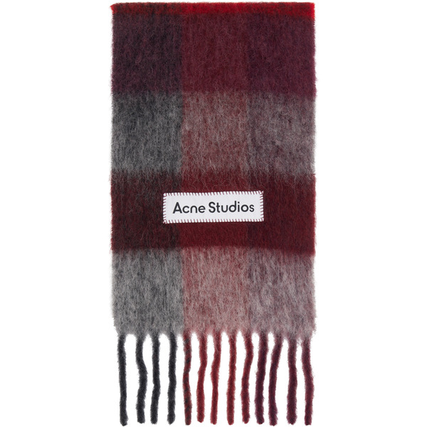  Acne Studios Red & Gray Check Fringe Scarf 