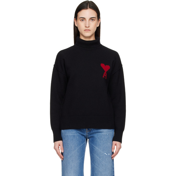  Ami Paris Black Contrast Ami De Coeur Funnel Neck Sweater 