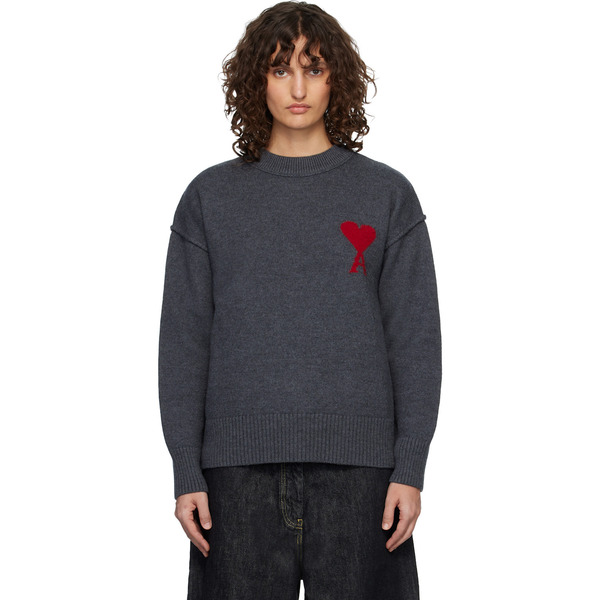  Ami Paris Gray Wool Crewneck Ami De Coeur Sweater 