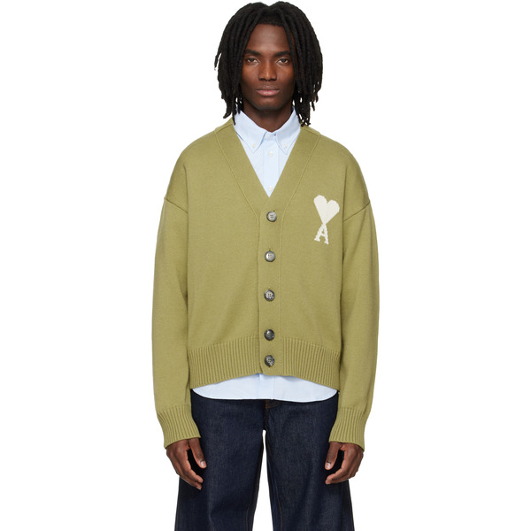  Ami Paris Green Wool Ami De Coeur Cardigan 