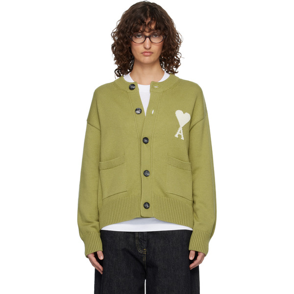  Ami Paris Green Wool Crewneck Ami De Coeur Cardigan 