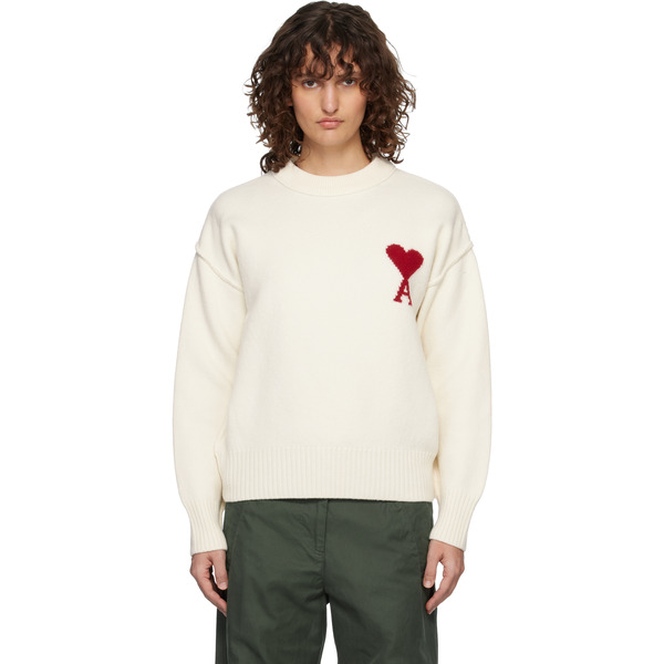  Ami Paris Off-white Wool Crewneck Ami De Coeur Sweater 