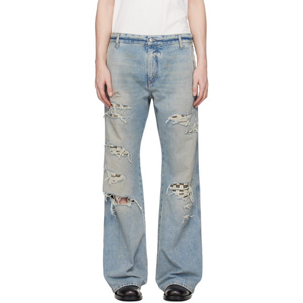  Amiri Blue Checkered Repair Bootcut Jeans 