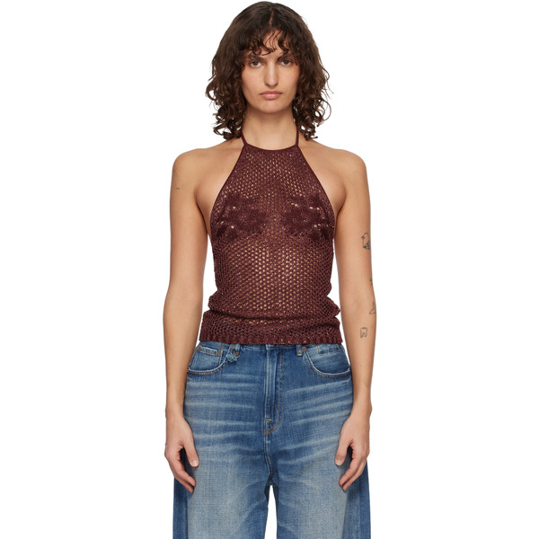  Amiri Burgundy Floral Crochet Open Back Tank Top 
