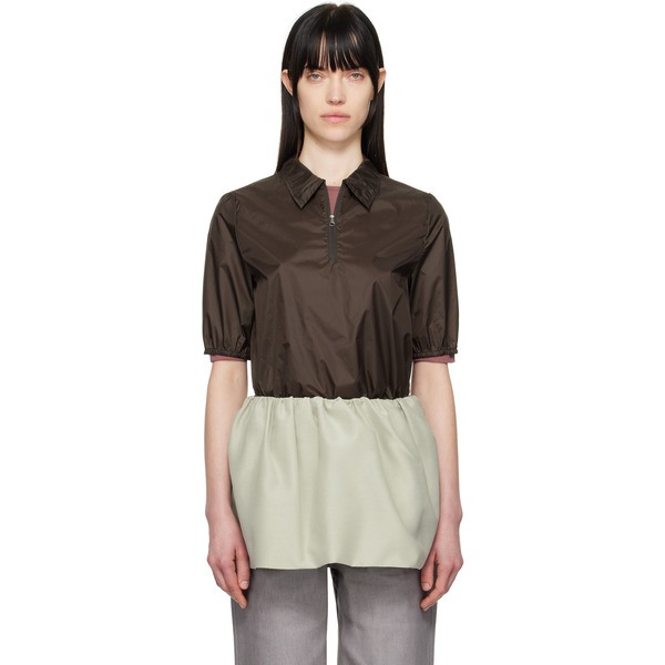  Amomento Brown Sheer Half Zip-up Polo 