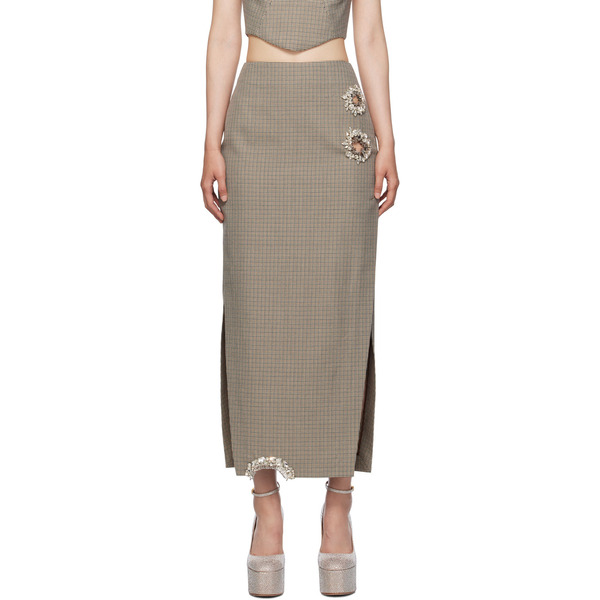  Area Brown Distressed Crystal Midi Skirt 