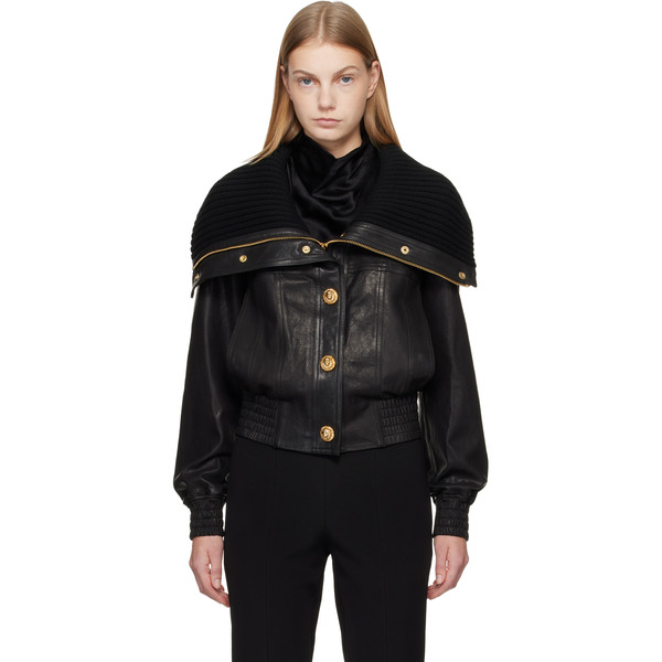  Balmain Black Lambskin & Knit Bomber Jacket 