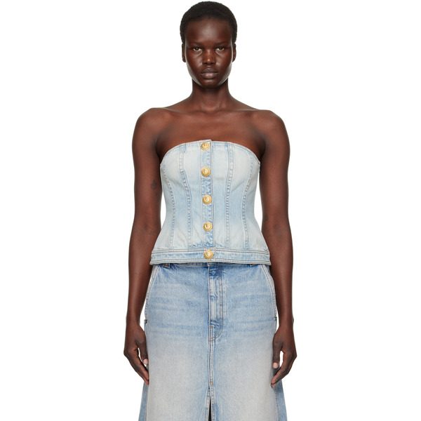  Balmain Blue Buttoned Denim Corset Top 