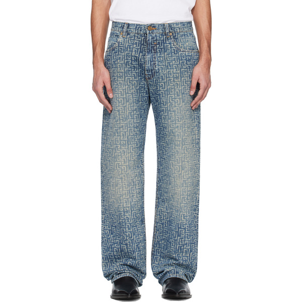  Balmain Blue Monogram Laser Loose-fit Jeans 