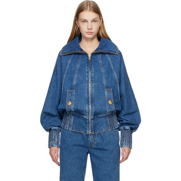  Balmain Blue Zipped Denim Bomber Jacket 
