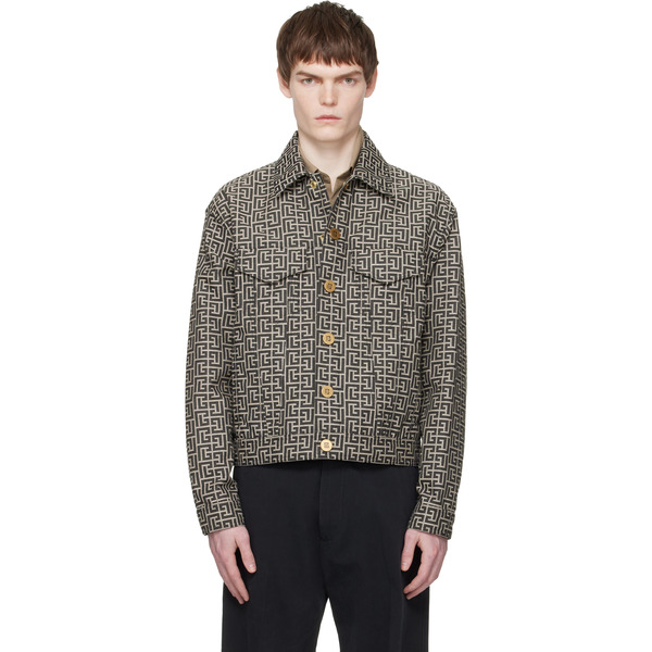  Balmain Gray & Black Monogram Jacquard Jacket 