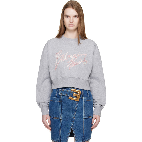  Balmain Gray Cropped Printed Cotton Sweatshirt 