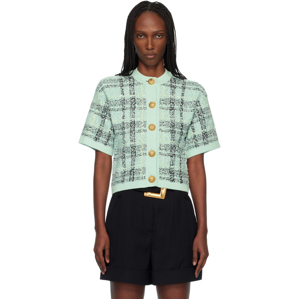  Balmain Green Buttoned Shiny Light Tweed Cardigan 