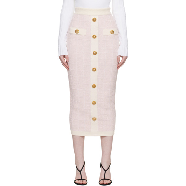  Balmain Pink Buttoned Knit Light Tweed Maxi Skirt 
