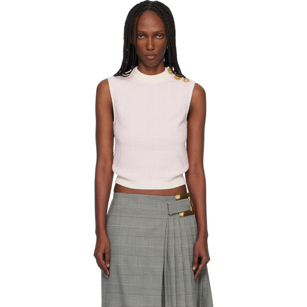  Balmain Pink Tweed Button Crop Tank Top 