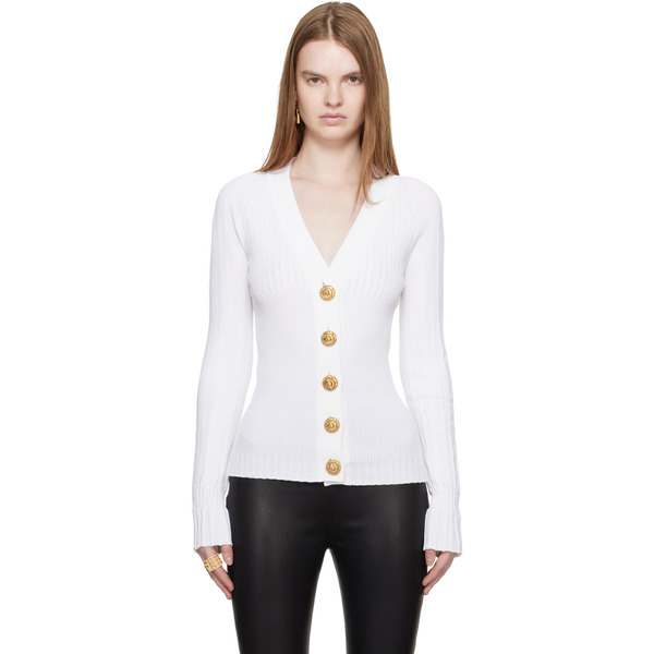  Balmain White Buttoned V-neck Light Knit Cardigan 