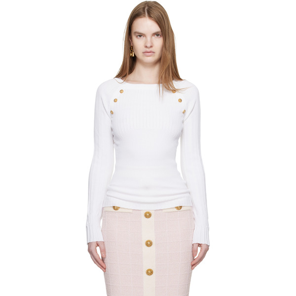  Balmain White Knit Buttons Sweater 