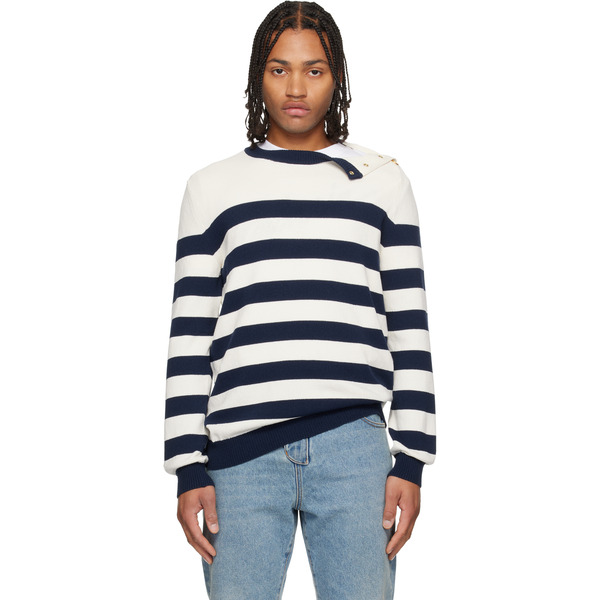  Balmain White & Navy Buttoned Marinière Knit Sweater 