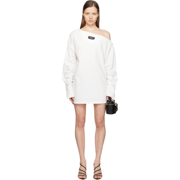  Balmain White Open Neck Asymmetric Shirt Minidress 