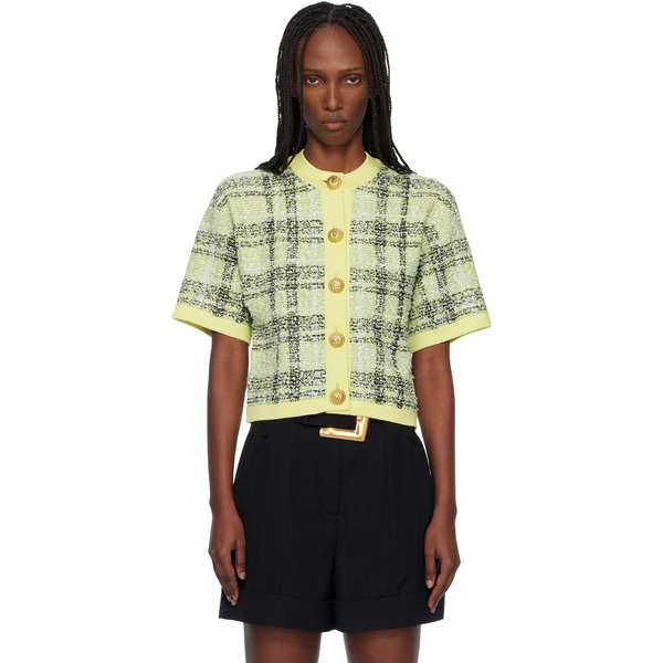  Balmain Yellow Buttoned Shiny Light Tweed Cardigan 