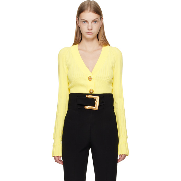  Balmain Yellow Buttoned V-neck Light Knit Cardigan 