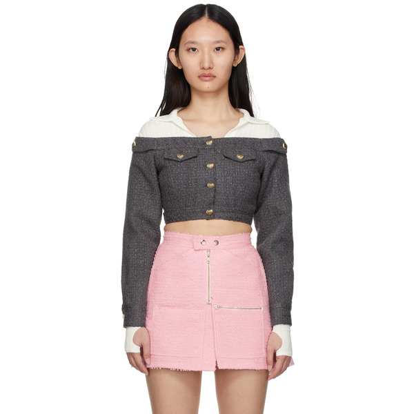  Bonbom Grey Cropped Off Shoulder Jacket 