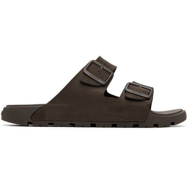  Boss Brown Twin-strap Branded Buckle Slides 