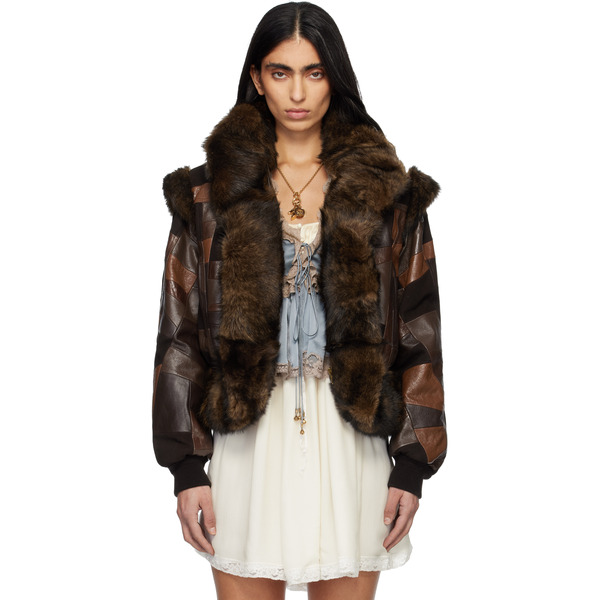  Chloé Brown Short Hybrid Leather Bomber Jacket 