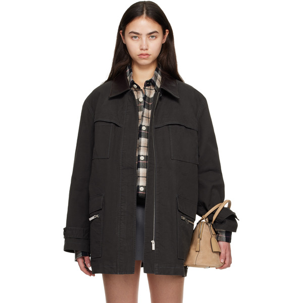  Cplus Series Black Leather-collar Multi-pockets Distressed Jacket 