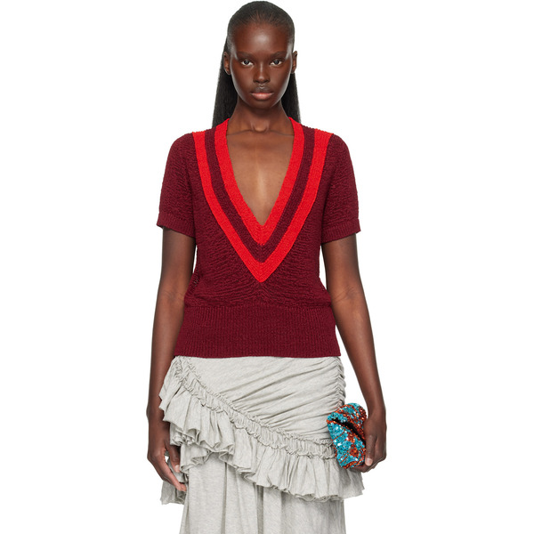  Dries Van Noten Burgundy V-neck Knit Sweater 