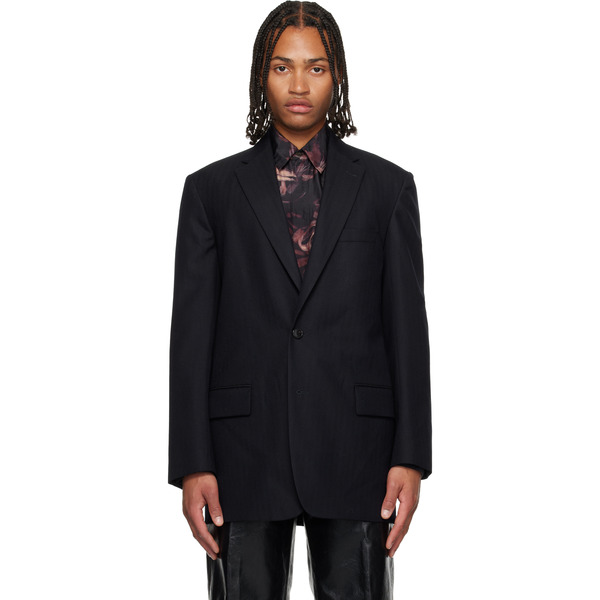 Dries Van Noten Navy Herringbone Wool Blazer 