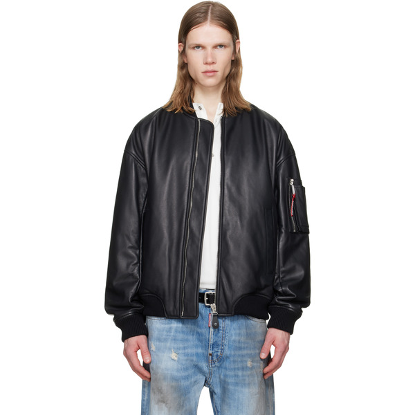  Dsquared2 Black Leather Bomber Jacket 