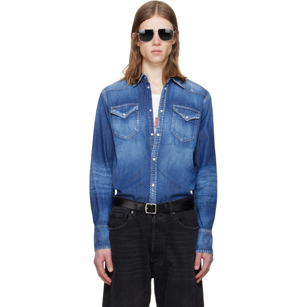  Dsquared2 Blue Perfecto Wash Classic Western Denim Shirt 