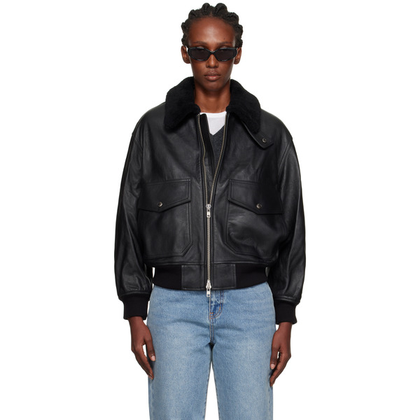  Dunst Black A-2 Shearling Collared Leather Jacket 
