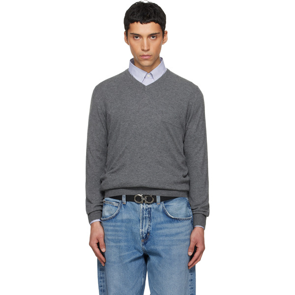  Ferragamo Gray V-neck Sweater 