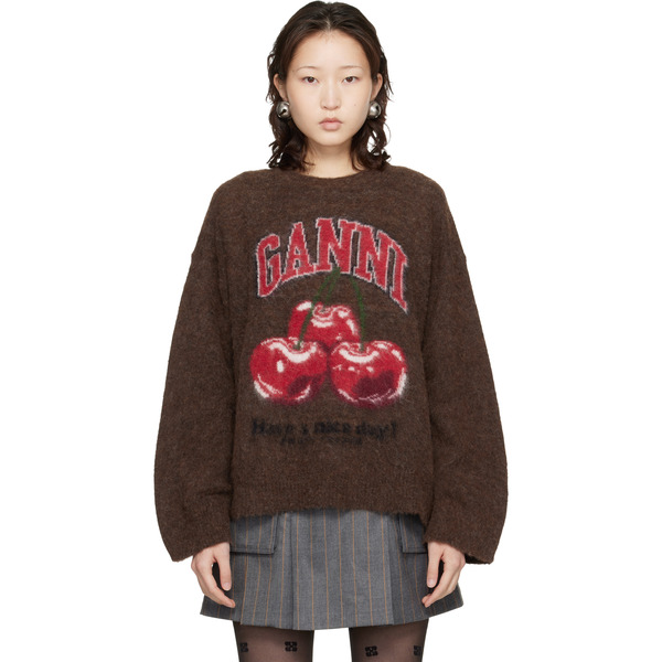  Ganni Brown Brushed Alpaca Graphic Oversized Sweater 