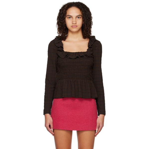  Ganni Brown Check Blouse 