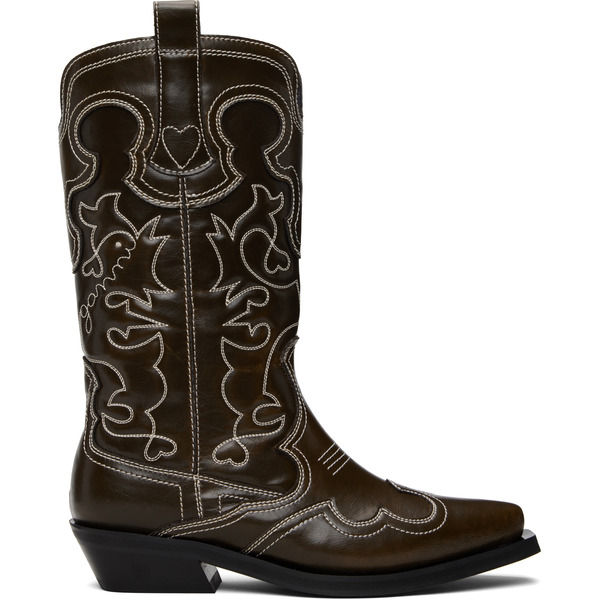  Ganni Brown Mid Shaft Embroidered Western Boots 
