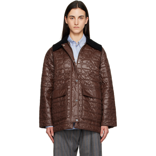  Ganni Brown Shiny Quilt Midi Jacket 