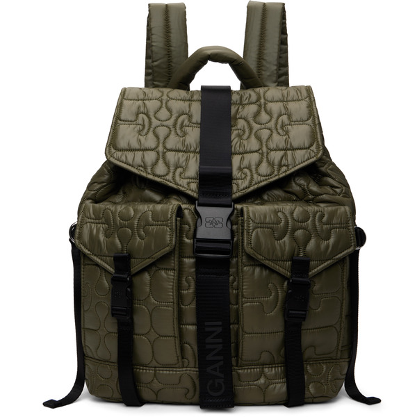  Ganni Khaki Quilted Re-tech Backpack 
