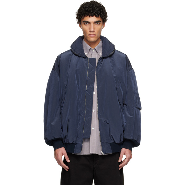  Hed Mayner Navy Crinkled Bomber Jacket 