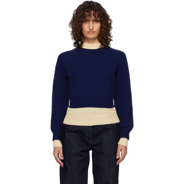  Jil Sander Blue & Off-white Wool Mock-neck Sweater 