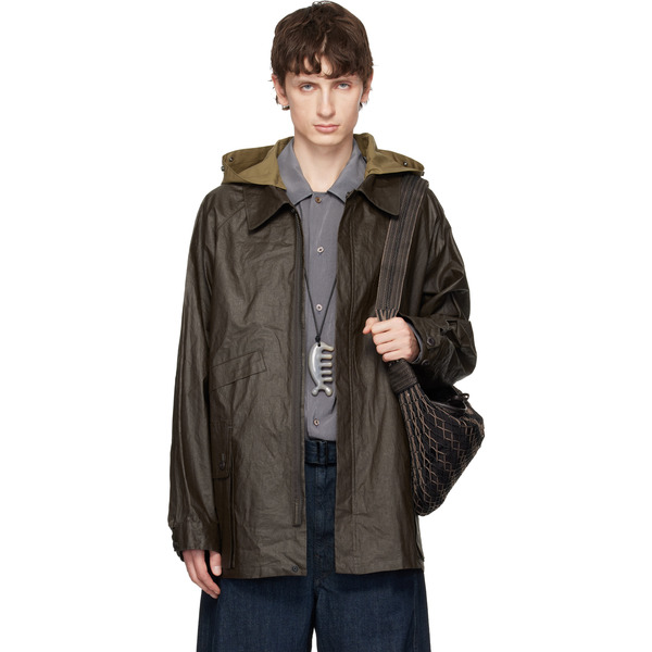  Lemaire Brown Detachable Hood Coated Technical Linen Rain Jacket 