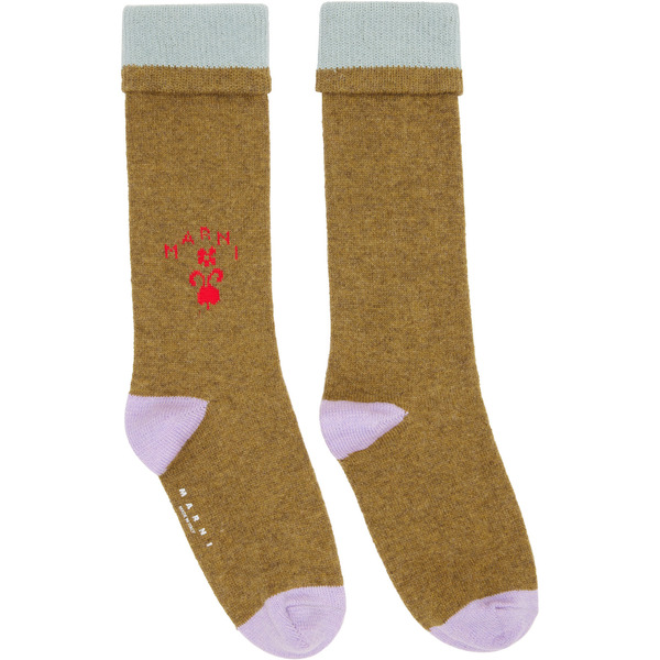  Marni Khaki Wool Flower Logo Socks 