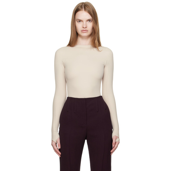  Mugler Beige Shoulder Logo Bodysuit 