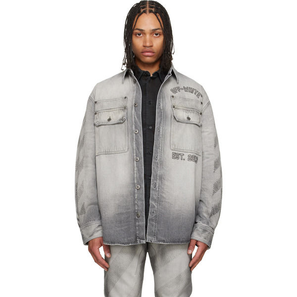  Off-white Gray Diagonal Embroidered Denim Military Overshirt 