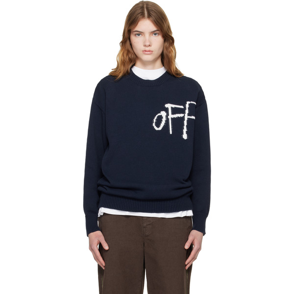  Off-white Navy Bookish Shared Cotton Knit Crewneck Sweater 