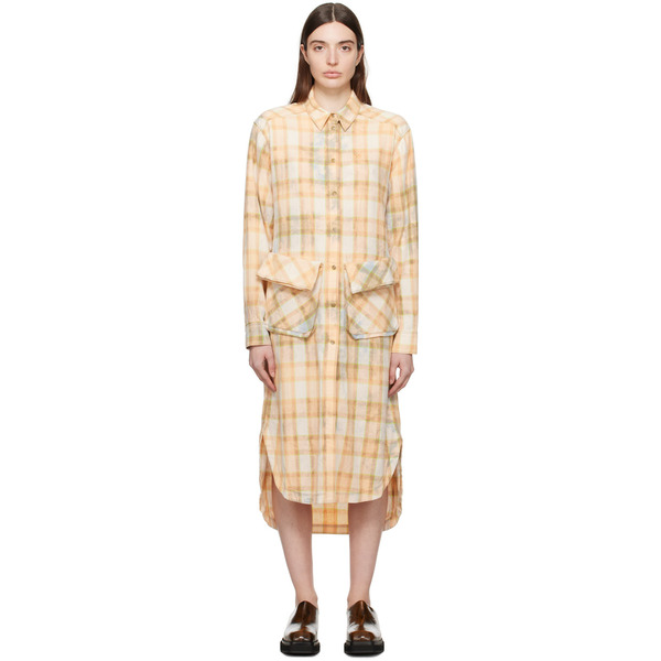  Open Yy Orange Check Midi Dress 