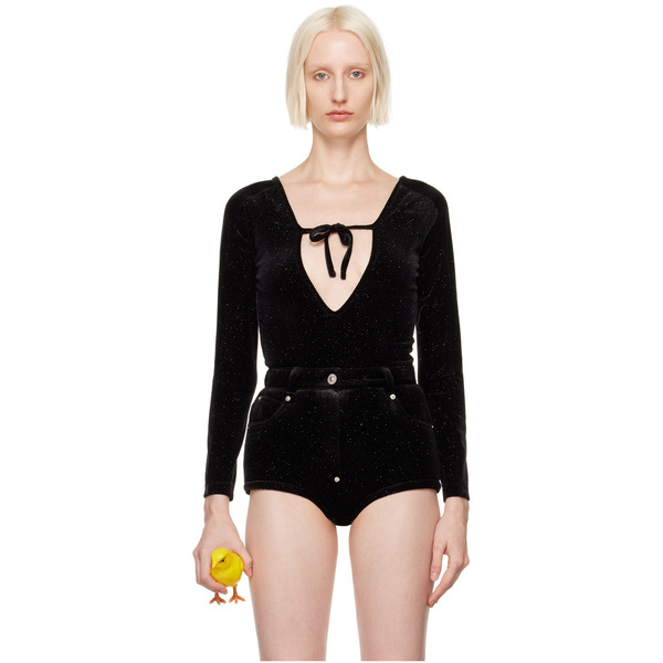  Pushbutton Black Front Self Tie Bodysuit 