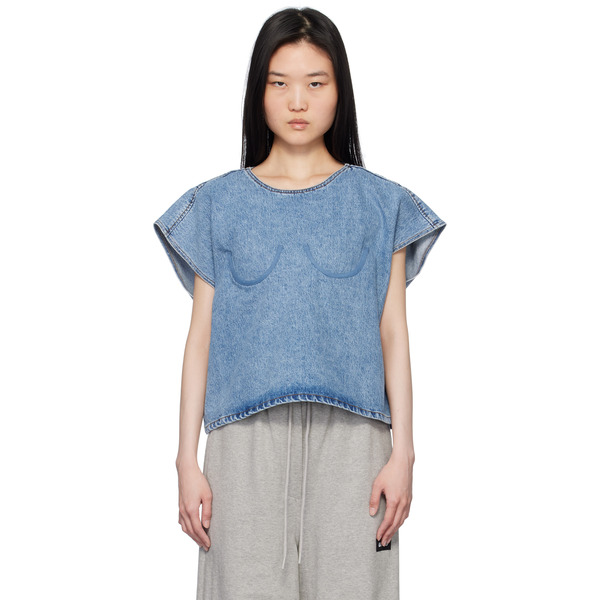  Pushbutton Blue Bra Point Sleeveless Denim Top 